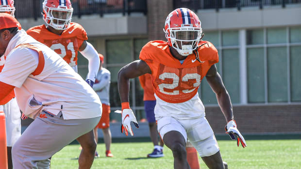 Clemson cornerback Toriano Pride Jr. (23) during practice in Clemson in Clemson, S.C. March 29, 2023. Clemson Football Spring Practice March 29 2023